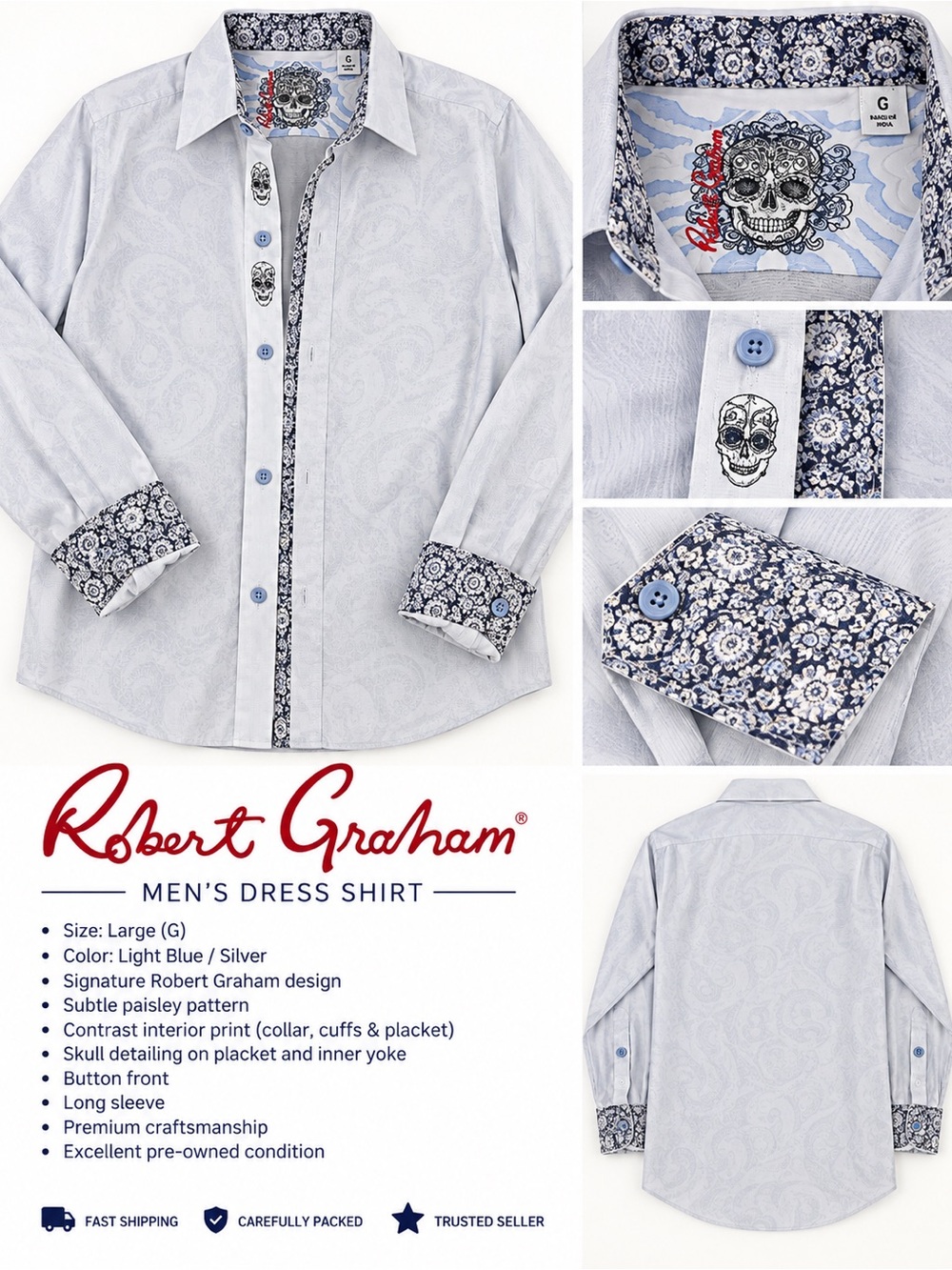 Robert Graham Light Blue & Navy Paisley-Trim Dress Shirt